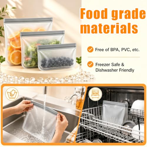 Reusable Silicone Food Storage Bags (Gray (4 Snack + 4 Medium + 4 Extra Large))
