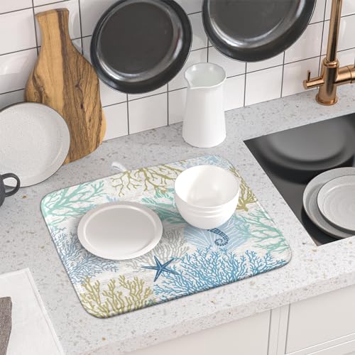 Blue Coral Dish Drying Mat Coastal Starfish Dishes Pad Hanging Drainer Mats Reversible Absorbent Kitchen Counter Protector 16x18 Inch (starfish coral / 16" x 18")
