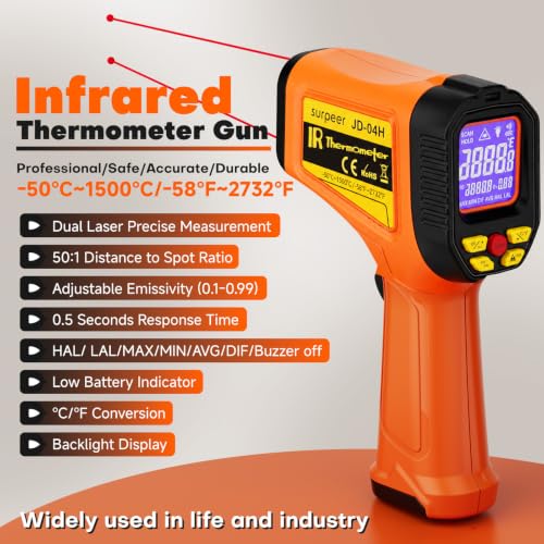 Infrared Thermometer Temperature Gun 2732°F 50 (-58°F to 2732°F ，Dual-Laser)
