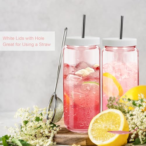 Pink 10pack 16oz Glass Juice Bottles with Lids & Straws & Juicing Recipe (Pink / 16oz-10pack)