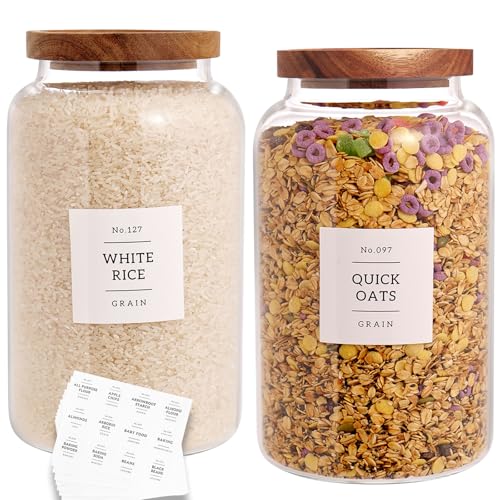 Set of 2 Large Glass Jar with Airtight Acacia Lid and 132 Kitchen Pantry Labels (2800ml)