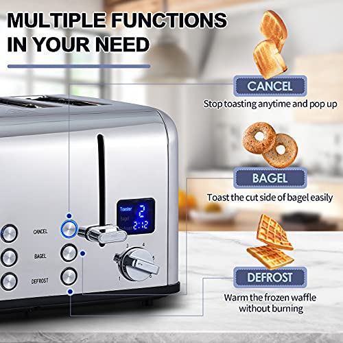 4 Slice Stainless Steel Toaster with Digital Display (Silver Stainless Steel / 4 Slice)
