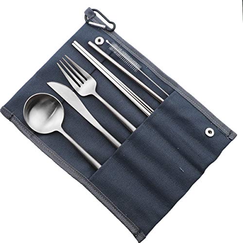 Reusable Travel Utensils (Blue Pouch / Silver)