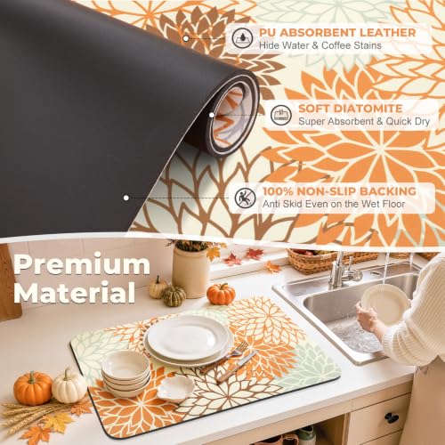 Fall Dish Drying Mat 12" x 20" Absorbent Floral Coffee Mat Orange (Orange / 12" x 20")