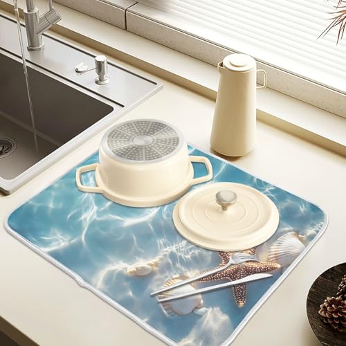 Starfish and Seashell on The Summer Beach Dish Drying Mat for Kitchen Counter Absorbent Microfiber Large Drying Pad Dish Mats for Kitchen Countertops 18 x 24 Inch (24" x 18")
