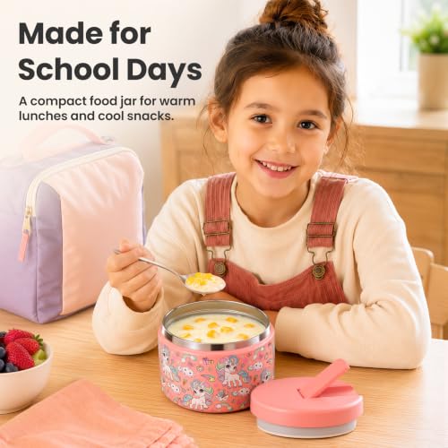 12oz Insulated Vacuum Food Jar with Buckle Lid Wide Mouth Soup Thermo for Hot Food Kids Leakproof Stainless Steel Lunch Container (Pink-Horse / 12OZ)