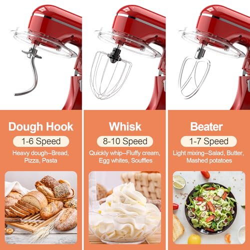 3-IN-1 Electric Stand Mixer, 6.5QT Bowl 660W 10-Speed Kitchen Mixer, Household Food Mixers include Dough Hook, Beater and Whisk, Bread Cake Mixer for Baking and Most Home Cooks, Red (Red)