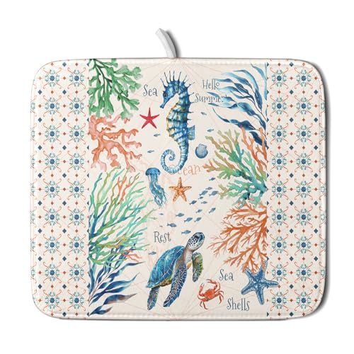 Nautical Coastal Dish Drying Mat Sea Turtle Seahorse Dish Drainer Pad 16"x18" Microfiber Reversible Fast Dry Pad for Kitchen Counter Decor (Coral Turtle / 16" x 18")