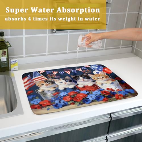 4th of July Drying Mat for Kitchen Counter 18 X 24 in Patriotic Printed Dish Drying Pad (Patriotic Cat Blue / 24" x 18")