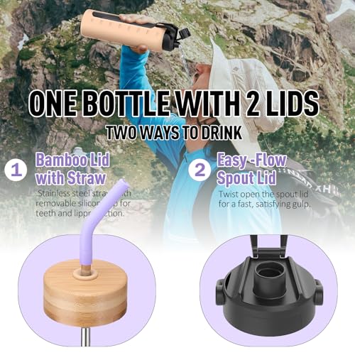 24oz Glass Water Bottle with Straw and 2 Lids (Purple / 24 Ounces)