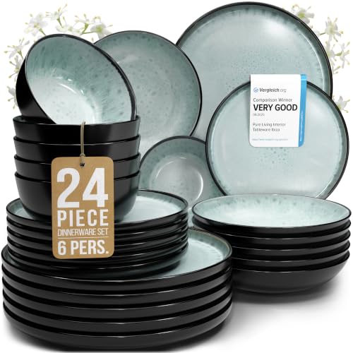 24 Piece Stoneware Dinnerware Set for 6 (Dark / Sage Green / Set for 6 (24pcs))