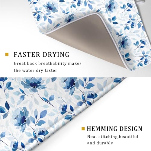Blue Floral Dish Drying Mat 18x24 inch Flower Leaves Dish Rack Pad Microfiber Washable Dishes Drainer Pad Kitchen Countertop Accessories (Blue Floral / 18" x 24")