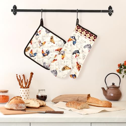 Farmhouse Rooster Oven Mitts and Pot Holders Set (Roosters / Oven Mitt x1 & Pot Holder x1)