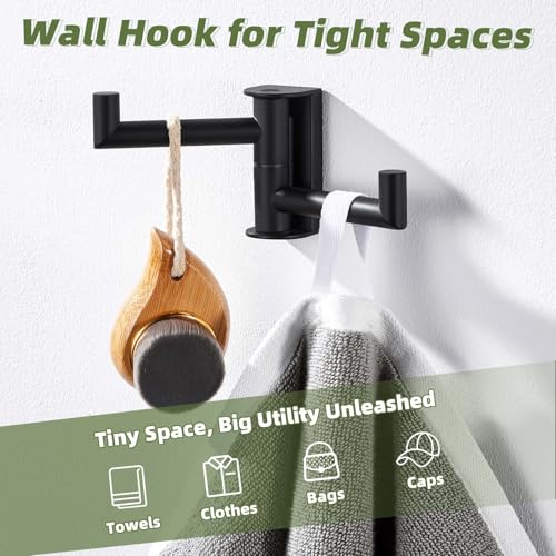 Swivel Towel Hook for Bathrooms with 2 Rotating Arms (1 Pack / Matte Black)