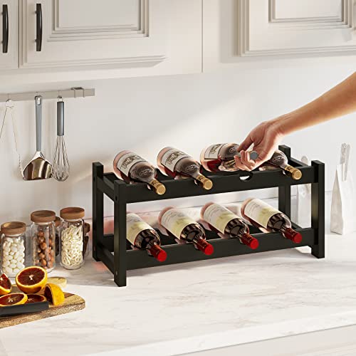 Wine Rack Freestanding 8 Bottle 2 Tier Bamboo Wine Racks Countertop Cabinet Wine Holder Wine Storage Shelf for Kitchen (2-tier-Black)