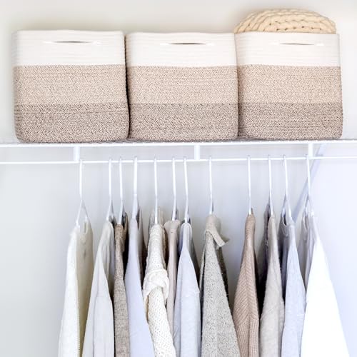 Storage Cubes 11 Inch Cotton Rope Woven Baskets for Organizing (3-Tone Brown)