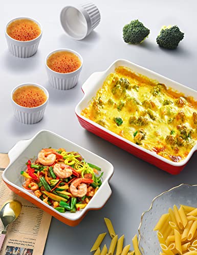 Ceramic Baking Dish and Ramekins Set Casserole Dish with Handles Packaging Upgrade Nonstick Ceramic Bakeware Ramekins Bowls for Baking Souffle (Red)