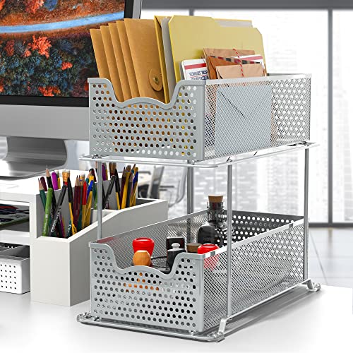 2 Tier Sliding Cabinet Basket Organizer Drawer (Silver / 1-Pack)