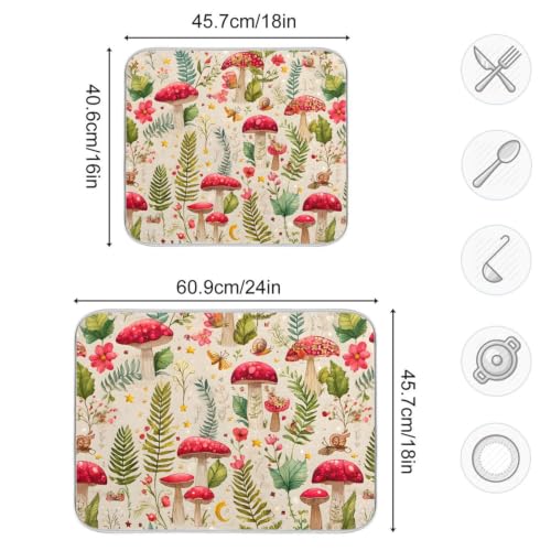Mushroom Forest Fern Leaves Dish Drying Mat for Kitchen Counter Absorbent Microfiber Drying Pad (18" x 24")
