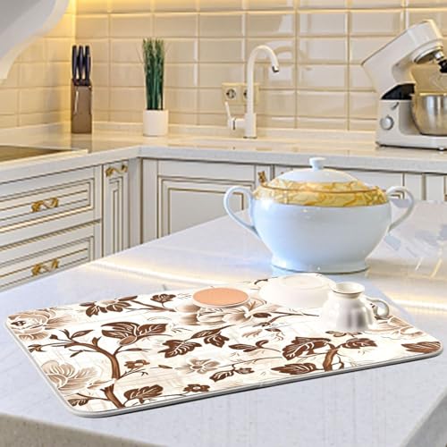 Brown Beige Floral Leaves Dish Drying Mat for Kitchen Counter Absorbent Microfiber Drying Pad (18" x 24")