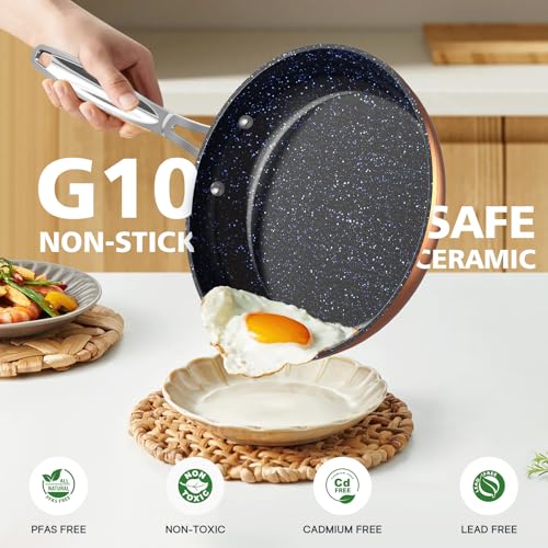 3-Piece 8”, 10”, 12” Forged Lightweight Frying Pan Set, Cozy Blue (3pc Fry Pan Set / Rustic Copper)