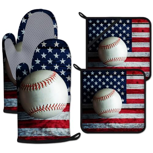 American Flag Baseball Oven Mitts and Pot Holders Sets Heat Resistant 4Pcs Potholders Oven Gloves Hot Pads for Kitchen Baking Cooking Grilling BBQ (American Flag Baseball)