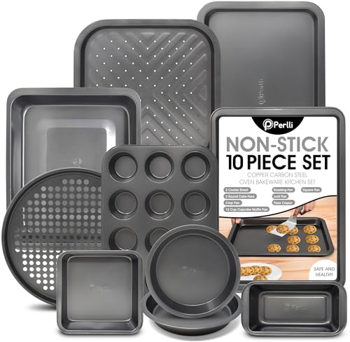 Non-Stick 10-Piece Bakeware Set – Carbon Steel with Even Heat Distribution, Oven Safe to 446°F, BPA-Free, Dishwasher Safe, Stackable Baking Tools for Easy Storage and Everyday Cooking - Gray
