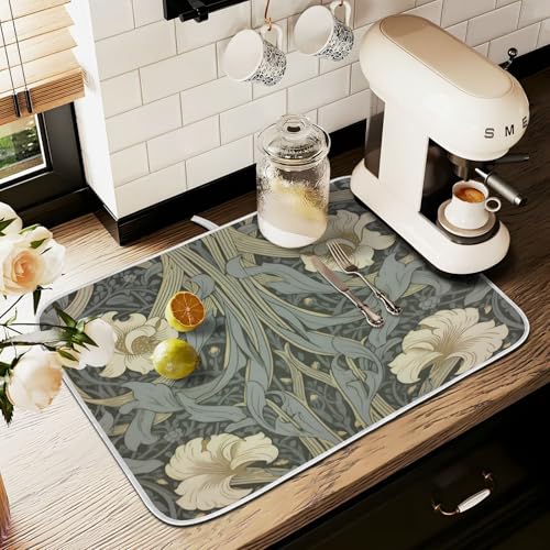 William Morris Flowers Print Dish Drying Mat for Kitchen Counter Absorbent Microfiber Small Drying Pad Dish Mats for Kitchen Countertops 16 x 18 Inch (18" x 16")