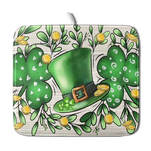St Patrick's Day Shamrock Dish Drying Mat 16x18 inch Eucalyptus Leaves Dishes Pad Dish Drainer Mats Absorbent Fast Dry Kitchen Accessories (Shamrock Leaves / 16" x 18")