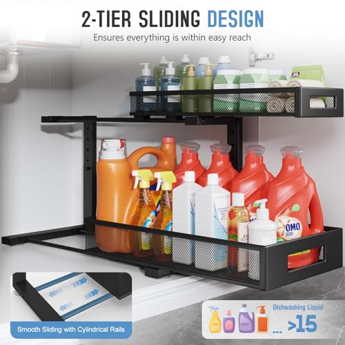 2 Pack 19IN Depth Under Sink Storage Organizer (Black / 2 Pack-19"Dx11.4"-16.14"H)