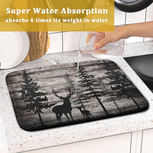 Forest Deer Dish Drying Mat Wildlife Animal Decorative Microfiber Dishes Pad 16x18 Inch Absorbent Reversible Kitchen Counter Drainer Mats (Black Forest Deer / 16" x 18")