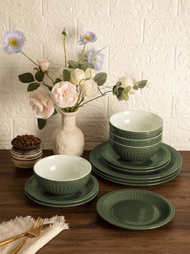 Ceramic Plates and Bowls Sets (Dark Green / Service for 6)