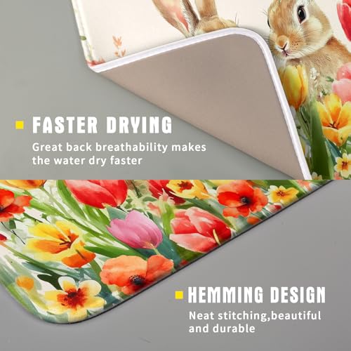 Easter Bunny Dish Drying Mat 16x18 inch Spring Floral Drying Pad Holiday Absorbent Microfiber Dishes Drainer Protector for Kitchen Counter (Bunny Floral / 16" x 18")