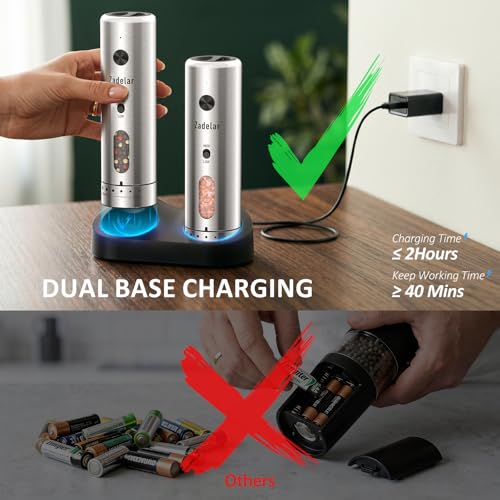Electric Salt and Pepper Grinder Set with Charging Base (Variable Speed Silver)