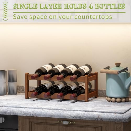 Bamboo Wine Rack Wine Storage Cabinet Shelf 8 Bottle Wine Racks Countertop Sturdy for Kitchen Dining Room Pantry (Brown / 2 Tier)