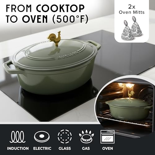 MUELLER HOME 5.5 Quart Enameled Cast Iron Oval Dutch Oven w Rooster Knob & Cotton Potholders (5.5 Quart -Oval / Thyme Green)
