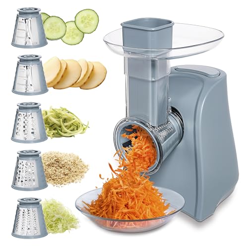 5-in-1 Electric Slicer, 150W Food Prep Machine – Parmesan Shredder, Fine & Coarse Graters, Potato Grater, Vegetable Slicer, Compact Design for Bowl Prep, Blue/Grey (Blue/Grey)