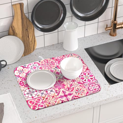 Pink Mexican Tiles Dish Drying Mat Absorbent Microfiber Dish Drying Pad for Kitchen Multi (Mexican Tiles Pink / 18" x 16")