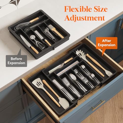 Expandable Silverware Drawer Organizer (Black / XL (13"-22.4" W × 15"D))