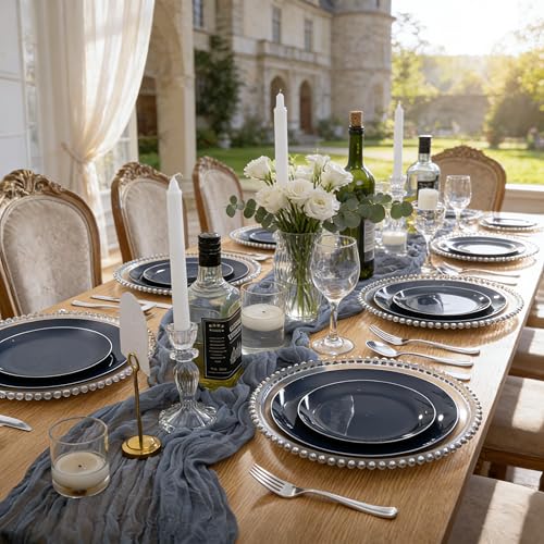 200PCS Blue Plastic Plates with Silver Rim (Blue and Silver / 200)