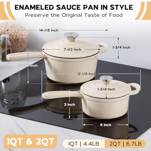 Enameled Cast Iron Saucepan Set (Cream White / 1+2 Quarts)