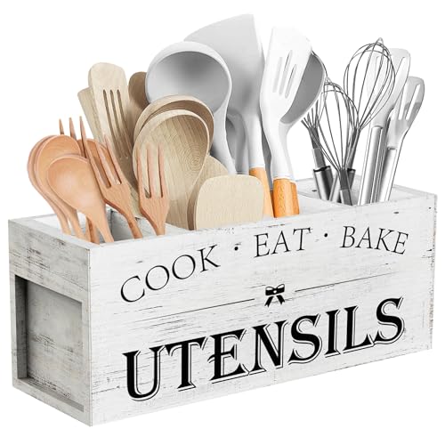 Extra Large Utensil Holder Countertop for Kitchen Counter (White Grain)
