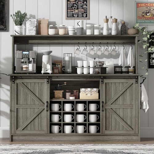 55" Farmhouse Coffee Bar Cabinet with Storage Hutch (55Inch / Grey)
