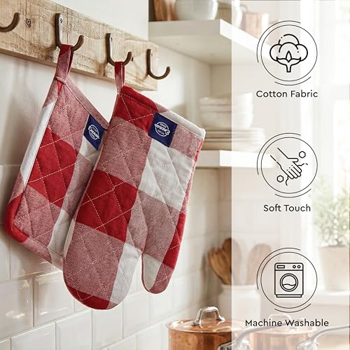 Oven Mitts and Pot Holders Set (Oven Glove + Pot Holder / Buffalo Red Checks)