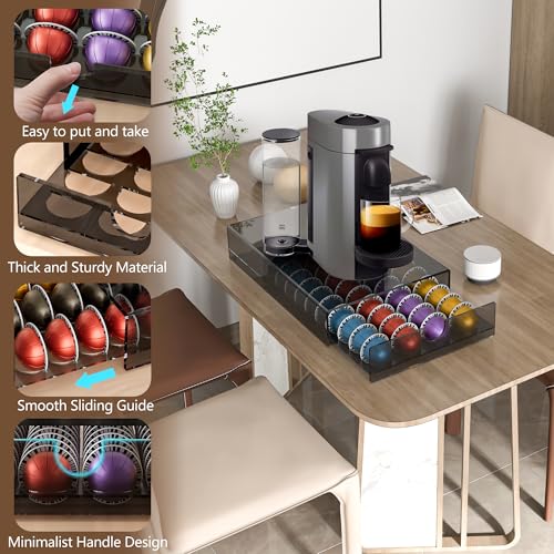 Acrylic Coffee Pod Organizer for Nespresso Vertuo Pod Holder 40 Pods Clear Vertuo Pod Storage Drawer (Transparent Black)