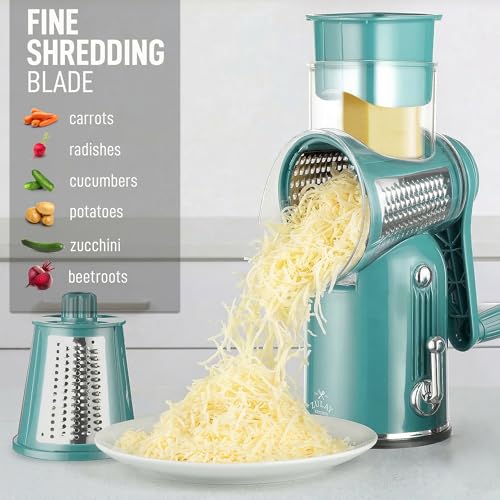 Rotary Cheese Grater Manual Hand Crank 5 Blade Shredder (5 Blades / Classic | Green)