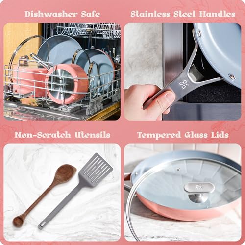 Premium Non Toxic Ceramic Cookware Set (12 Piece Kit / Coral Pink)