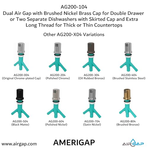Dual Air Gap with Brushed Nickel Brass Cap for Double Drawer or Two Separate Dishwashers with Skirted Cap and Extra Long Thread for Thick or Thin Countertops (AG200-104)