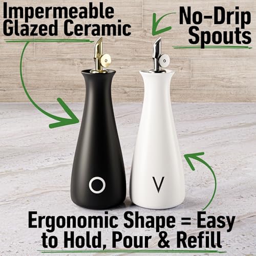 Ceramic Oil and Vinegar Dispenser Set of 2 with Self (Black & White - Oil & Vinegar)