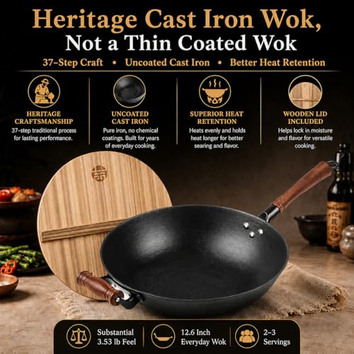 12.6 Inch Cast Iron Wok with Wooden Lid (12.6 Inch)